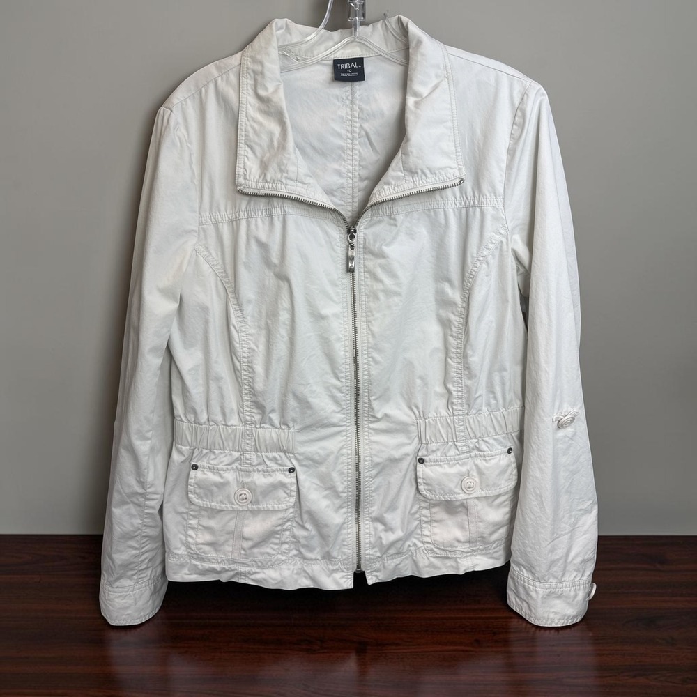 Tribal Womens White Full Zip Utility Jacket Size 10 Cotton Mock Neck 6741O-303
